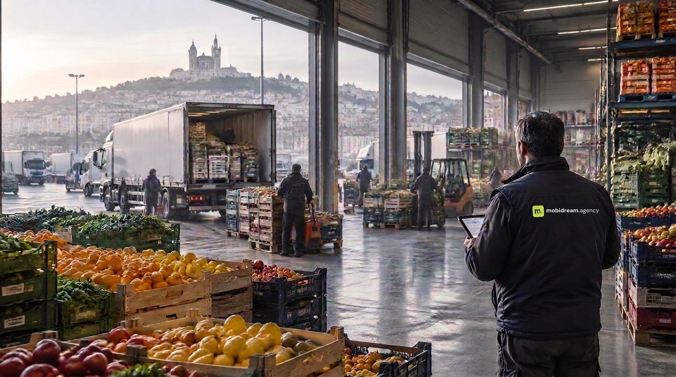 Entrepôt de fruits et légumes en activité